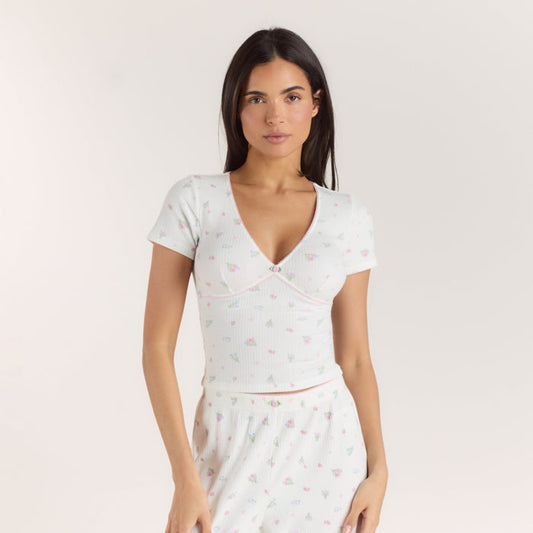 Ribbed Short-Sleeve Pyjama Top - White Floral