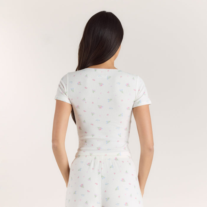 Ribbed Short-Sleeve Pyjama Top - White Floral