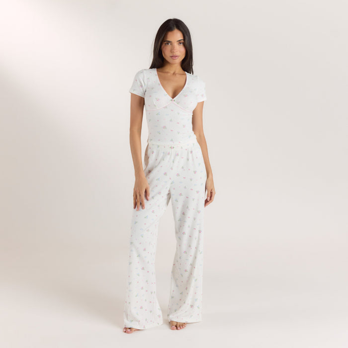 Ribbed Short-Sleeve Pyjama Top - White Floral