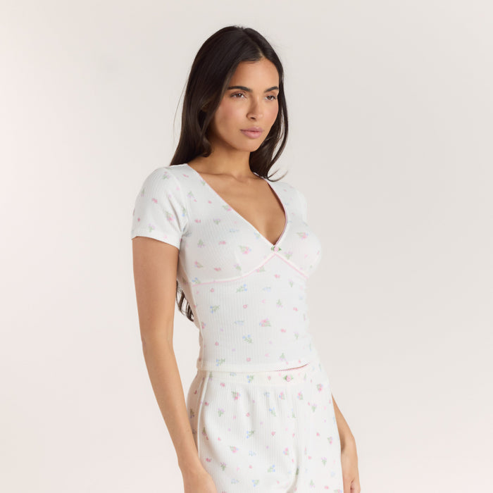 Ribbed Short-Sleeve Pyjama Top - White Floral