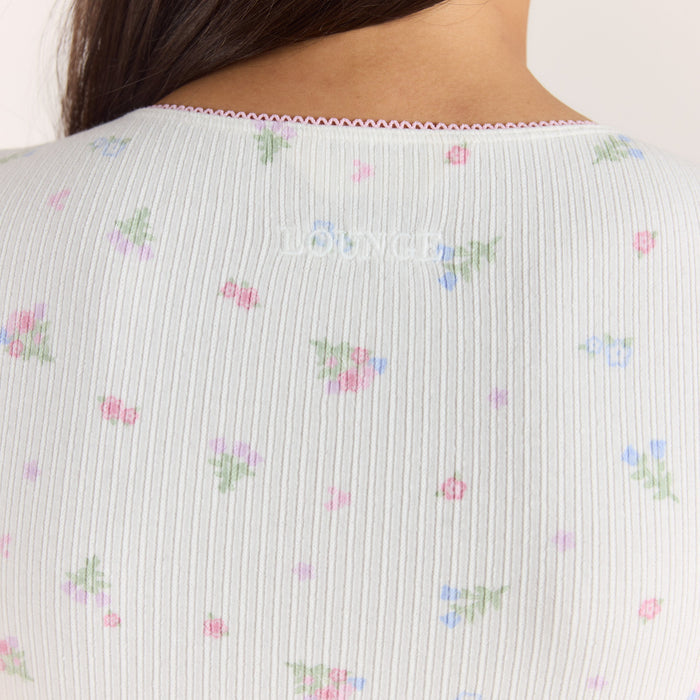 Ribbed Short-Sleeve Pyjama Top - White Floral
