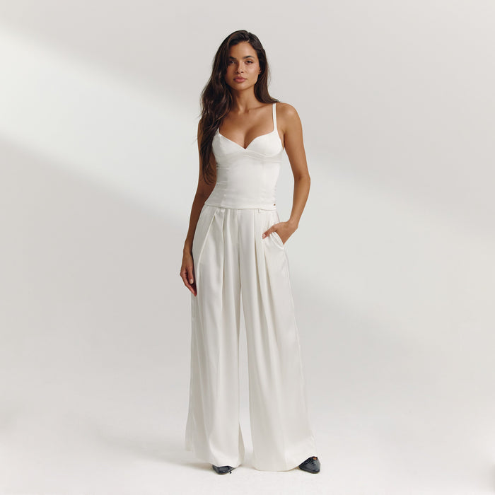 Satin Wide-Leg Trousers - Off White