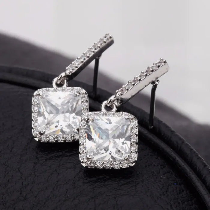 Simple Princess Cut CZ Diamond Drop Bridal Earrings - The Wedding Garter