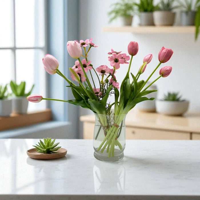 Soft Pink 16" Real Touch Tulip - 3 flowers, 2 buds