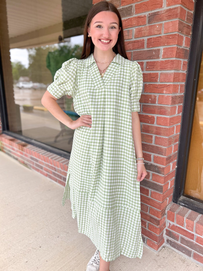 Southern Belle Sage Gingham Midi Dress