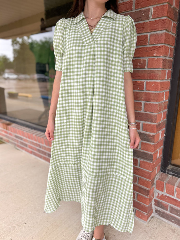 Southern Belle Sage Gingham Midi Dress