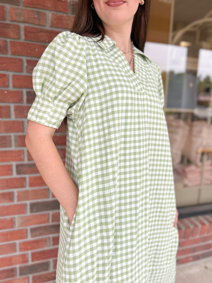 Southern Belle Sage Gingham Midi Dress