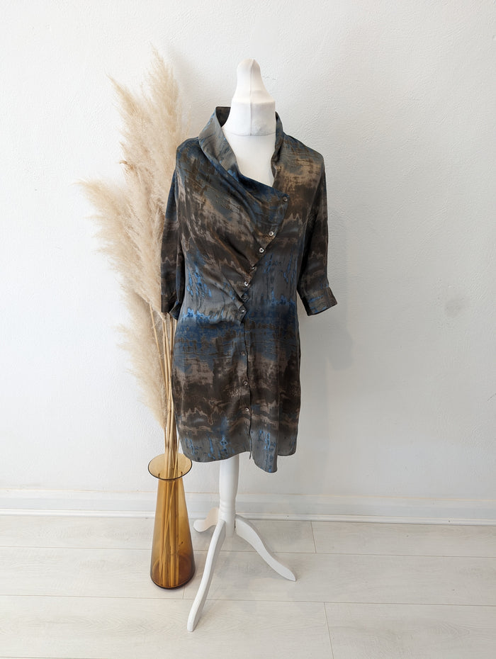 Stills Brown/Blue Multi Print Silk Dress Size 12/14