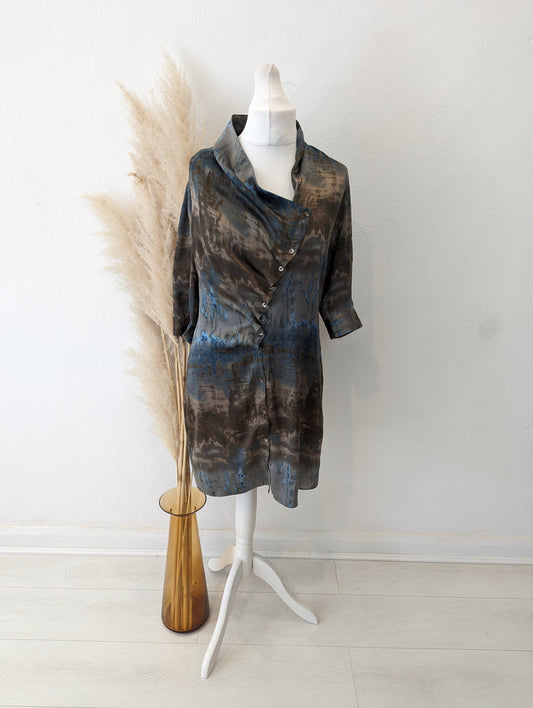 Stills Brown/Blue Multi Print Silk Dress Size 12/14
