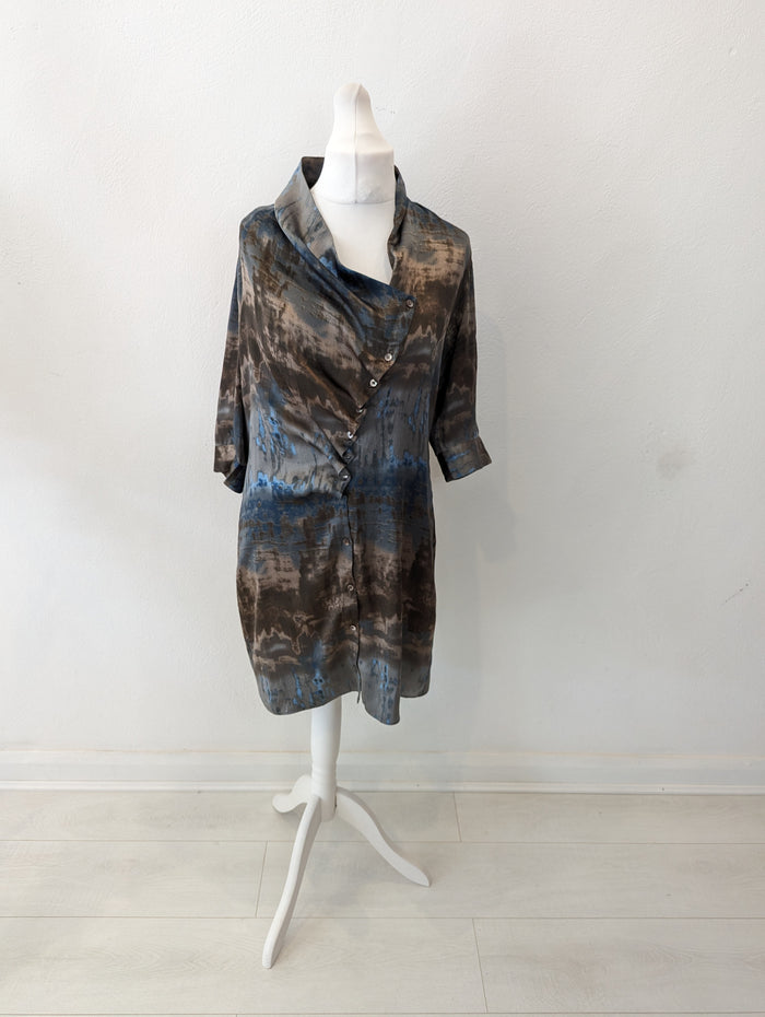Stills Brown/Blue Multi Print Silk Dress Size 12/14
