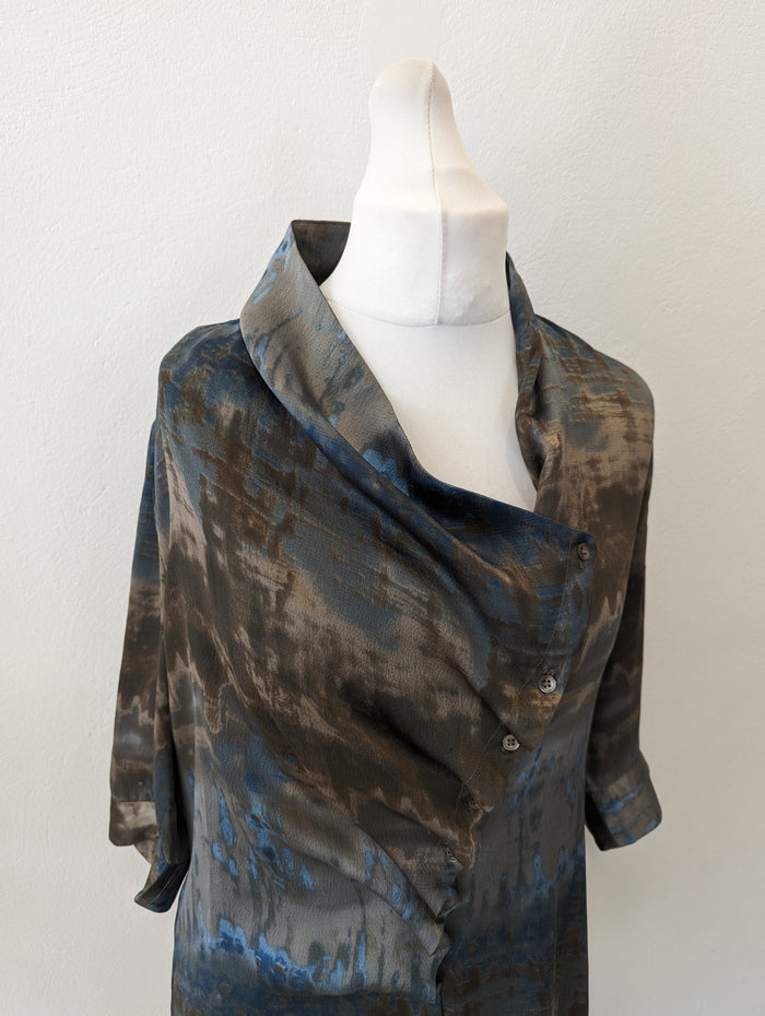 Stills Brown/Blue Multi Print Silk Dress Size 12/14