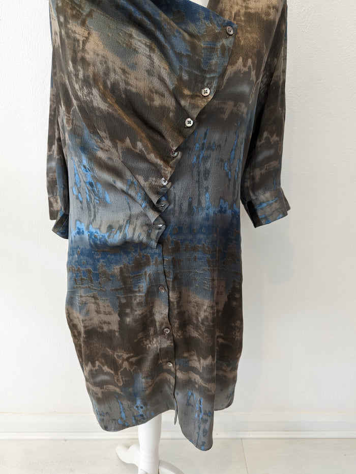 Stills Brown/Blue Multi Print Silk Dress Size 12/14