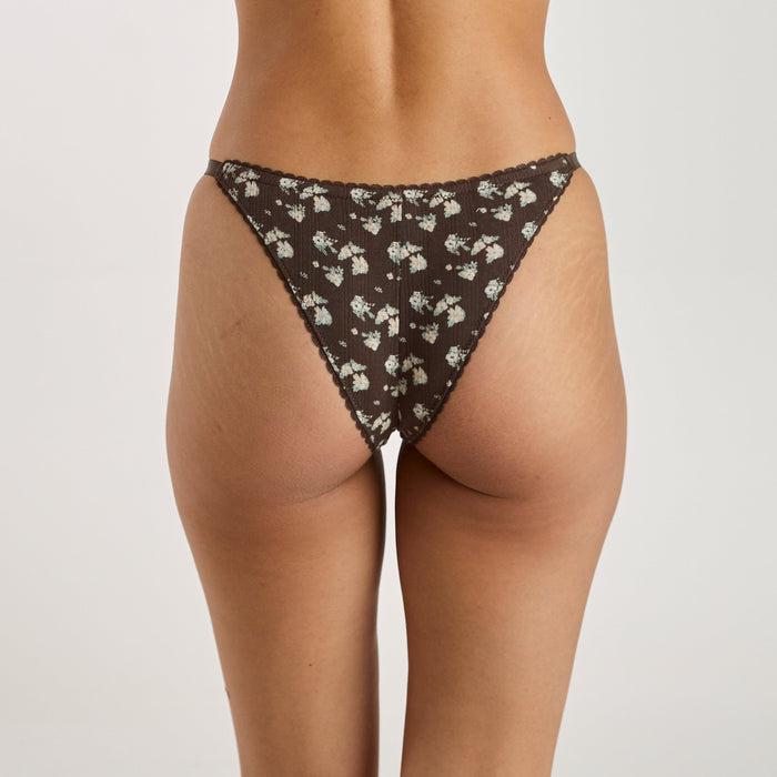Strappy Pointelle Brazilian Briefs - Brown Floral Print