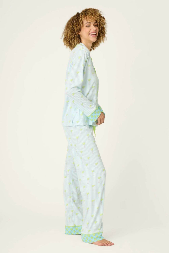 PJ Salvage Striped Cocktails Long PJ Set in Light Blue
