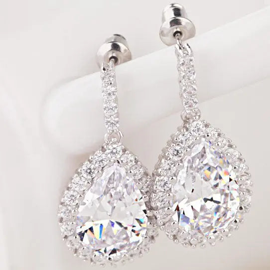 Tear Drop Blue Sapphire CZ Bridesmaid Earrings - The Wedding Garter