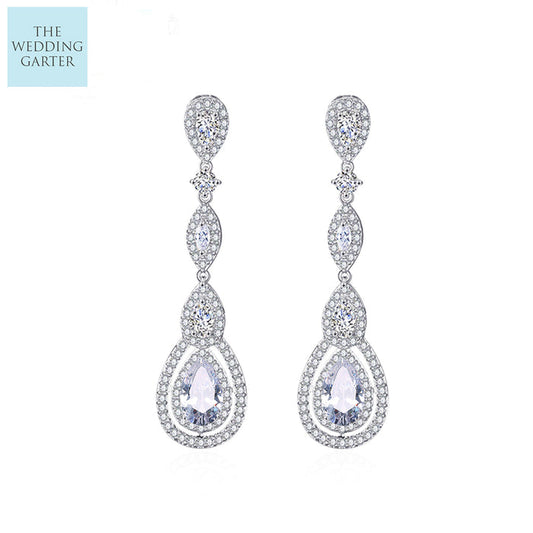 Tear Drop Shape CZ Long Dropper Earrings - The Wedding Garter