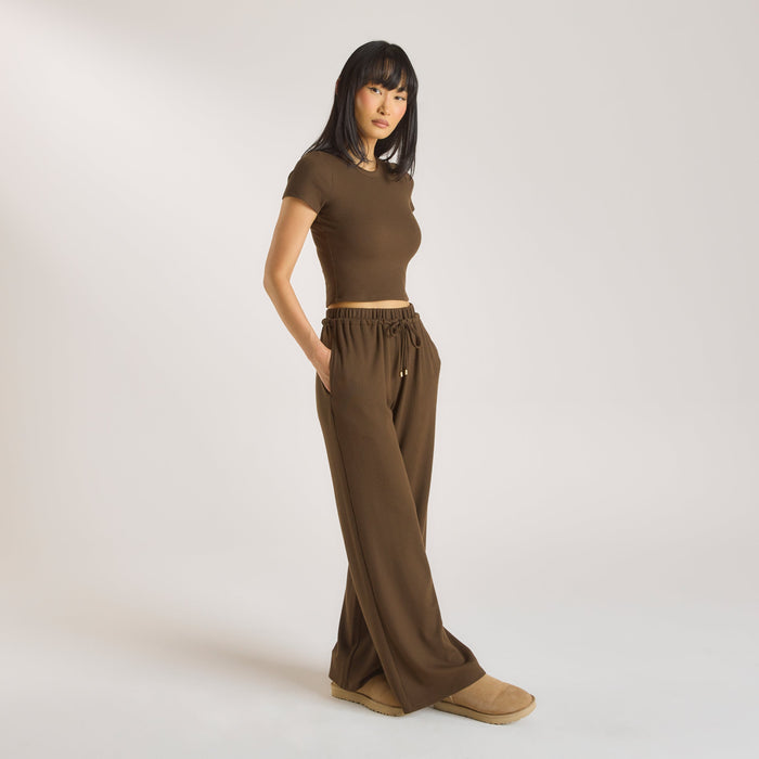 Waffle Wide Leg Trousers - Chocolate
