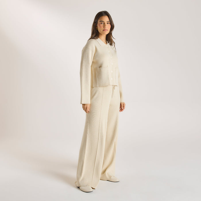 Wide Leg Knitted Trousers - Cream