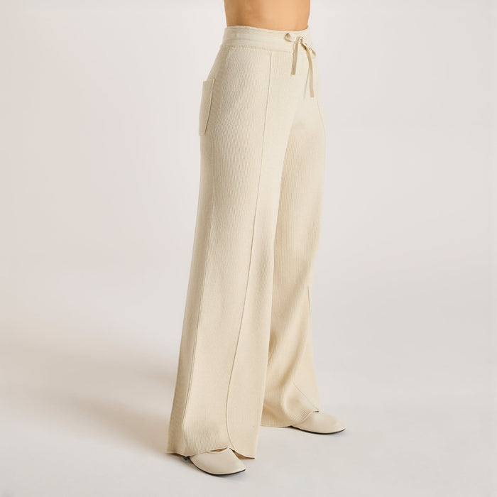 Wide Leg Knitted Trousers - Cream