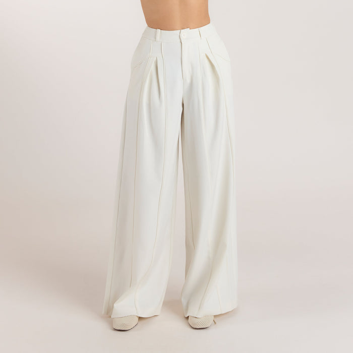 Wide-Leg Pleat Detail Trousers - Off White