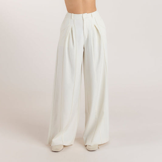 Wide-Leg Pleat Detail Trousers - Off White