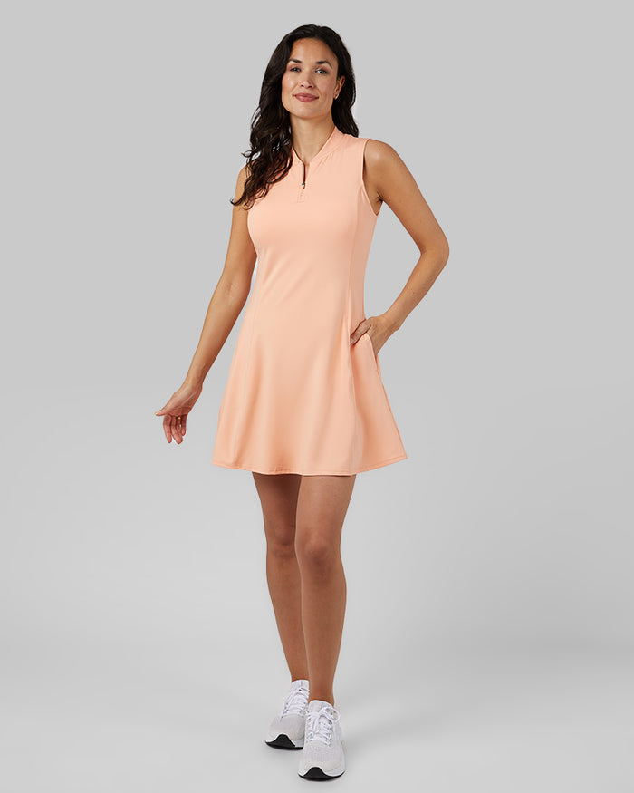 32 Degrees Peach Nectar _ Women's 1/4 Zip Active Bra Dress {model: Scarlett is 5'10"and size 4 wearing size S}{bottom}{right} {bottom}{right}