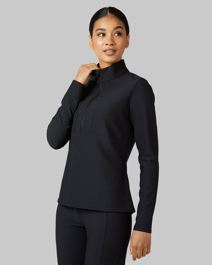 32 Degrees Black _ Women's Active Rib ½ Zip Top {model: Lisa-Marie is 5'9"and size 2-4 wearing size S}{bottom}{right} {bottom}{right}
