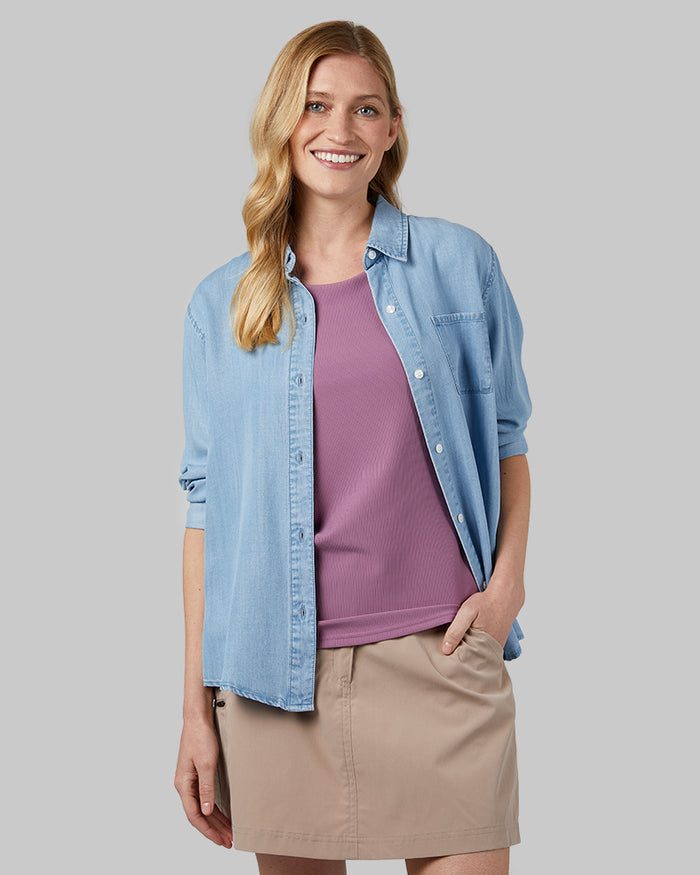 32 Degrees Light Blue _ Women's Chambray Long sleeve Button-Up {model: Shaina is 5'10"and size 4, wearing size S}{bottom}{right} {bottom}{right}