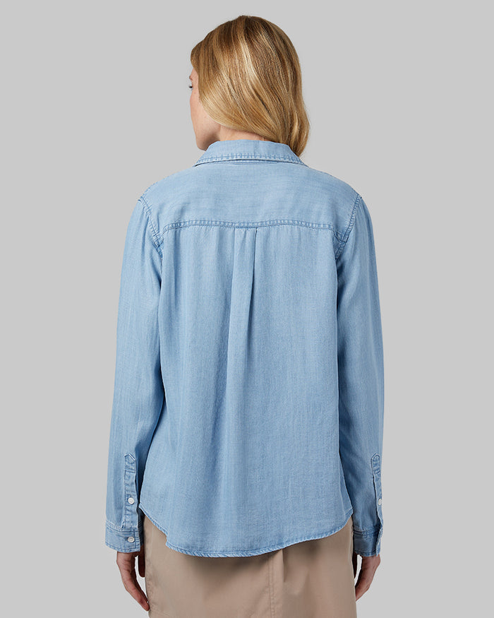 32 Degrees Light Blue _ Women's Chambray Long sleeve Button-Up {model: Shaina is 5'10"and size 4, wearing size S}{bottom}{right} {bottom}{right}