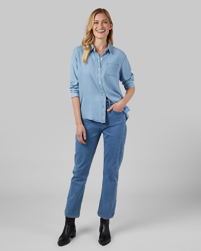 32 Degrees Light Blue _ Women's Chambray Long sleeve Button-Up {model: Shaina is 5'10"and size 4, wearing size S}{bottom}{right} {bottom}{right}