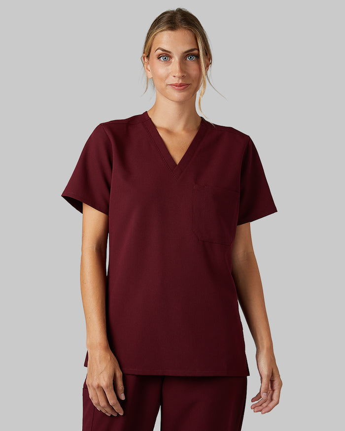 32 Degrees Burgundy _ Womens 1-Pocket V-Neck scrub Top {model: Colby is 5'9"and size 4 wearing size S}{bottom}{right} {bottom}{right}