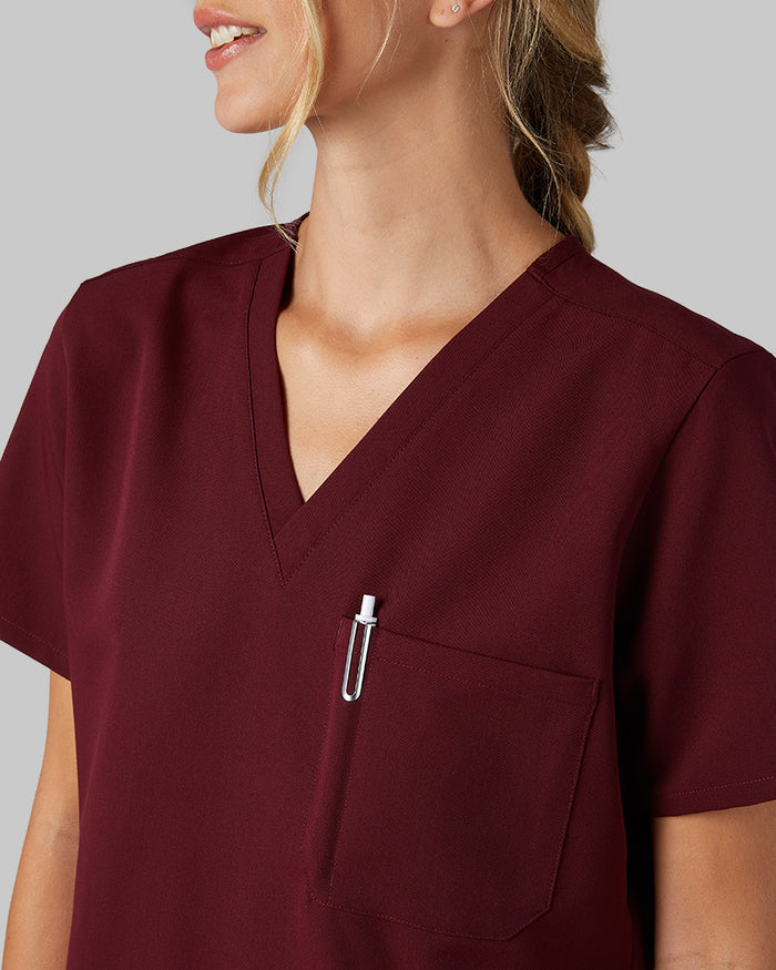 32 Degrees Burgundy _ Womens 1-Pocket V-Neck scrub Top {model: Colby is 5'9"and size 4 wearing size S}{bottom}{right} {bottom}{right}