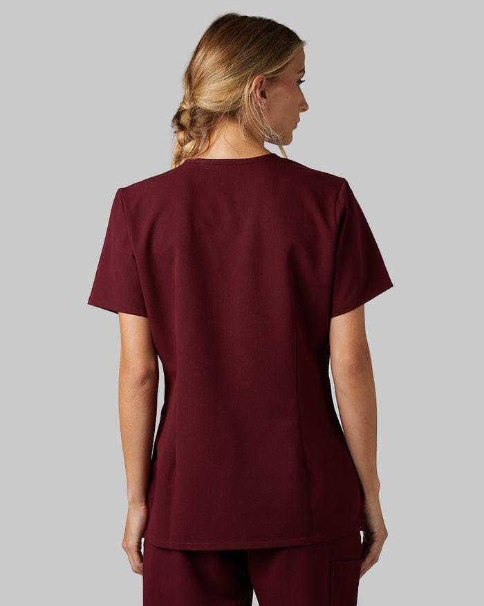 32 Degrees Burgundy _ Womens 1-Pocket V-Neck scrub Top {model: Colby is 5'9"and size 4 wearing size S}{bottom}{right} {bottom}{right}