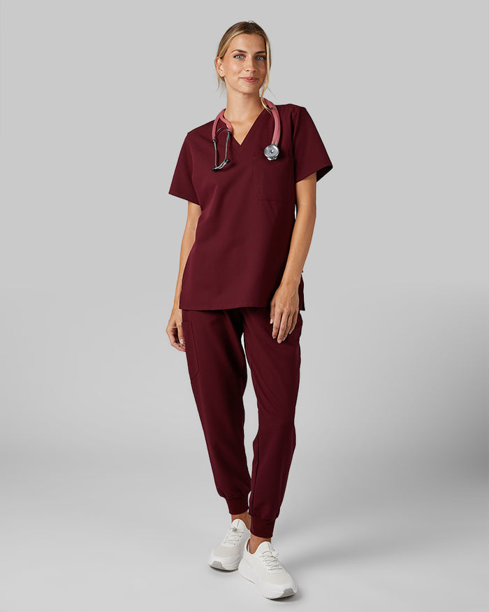 32 Degrees Burgundy _ Womens 1-Pocket V-Neck scrub Top {model: Colby is 5'9"and size 4 wearing size S}{bottom}{right} {bottom}{right}