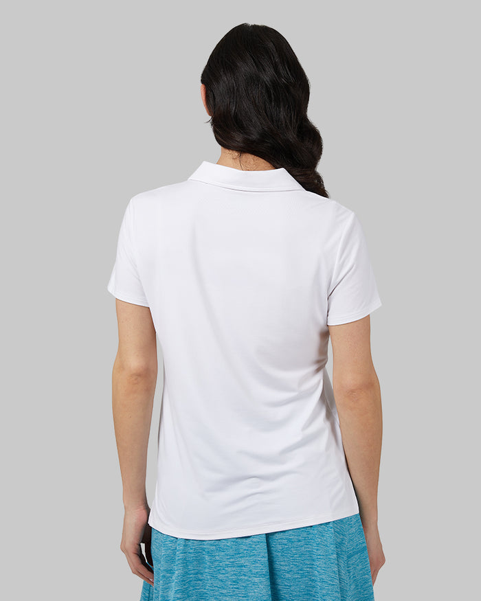 32 Degrees White _ Womens Cool Fitted Polo {model: Rowena is 5'8" and size 4, wearing size S}{bottom}{right} {bottom}{right}