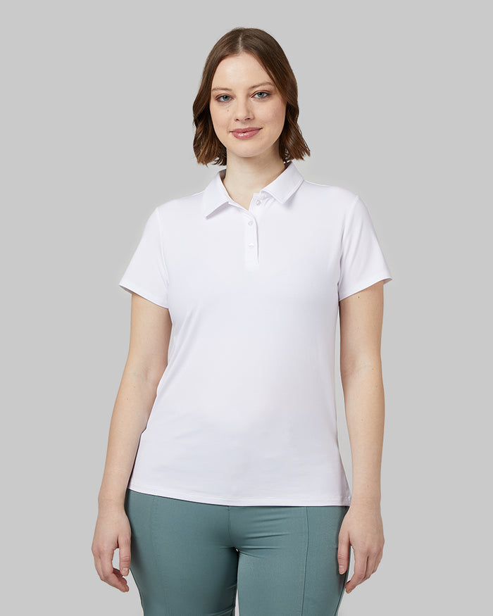 32 Degrees White _ Womens Cool Fitted Polo {model: Julie is 5'9" and size 6-8, wearing size S}{bottom}{right} {bottom}{right}