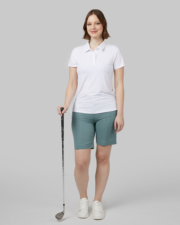 32 Degrees White _ Womens Cool Fitted Polo {model: Julie is 5'9" and size 6-8, wearing size S}{bottom}{right} {bottom}{right}