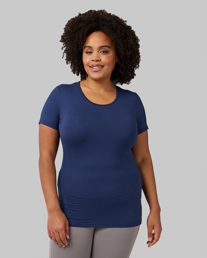 32 Degrees Inky Indigo _ Women's Cool Fitted T-Shirt {model: Natalie is 5'10" and size 12-14, wearing size L}{bottom}{right}