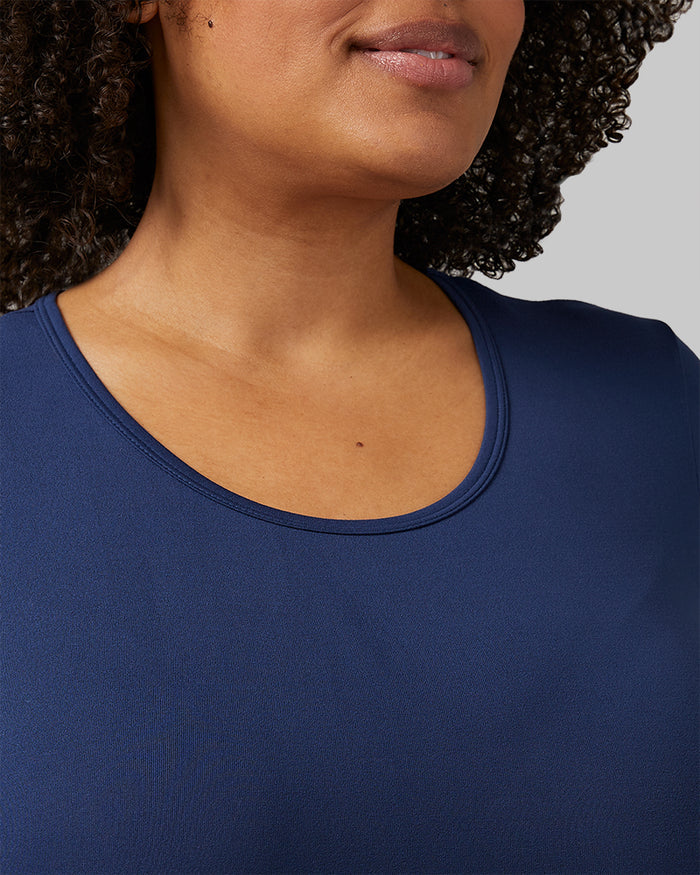 32 Degrees Inky Indigo _ Women's Cool Fitted T-Shirt {model: Natalie is 5'10" and size 12-14, wearing size L}{bottom}{right}