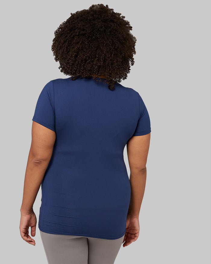 32 Degrees Inky Indigo _ Women's Cool Fitted T-Shirt {model: Natalie is 5'10" and size 12-14, wearing size L}{bottom}{right}