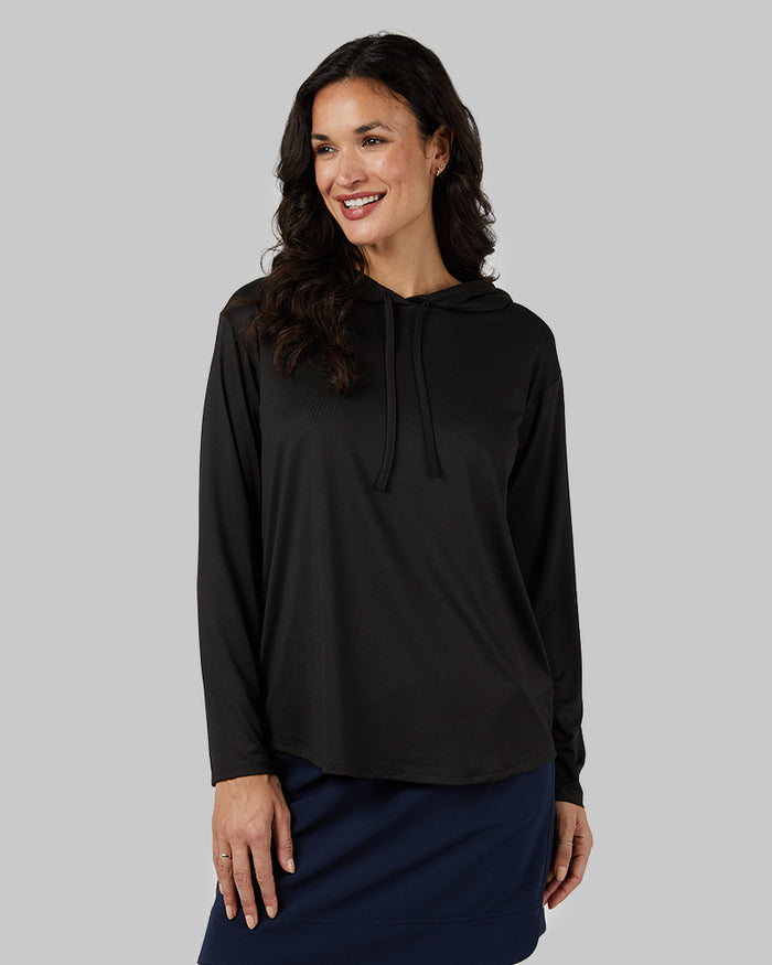 32 Degrees Black _ Women's Cool Long sleeve Hooded T-shirt {model: Scarlett is 5'10"and size 4, wearing size S}{bottom}{right} {bottom}{right}