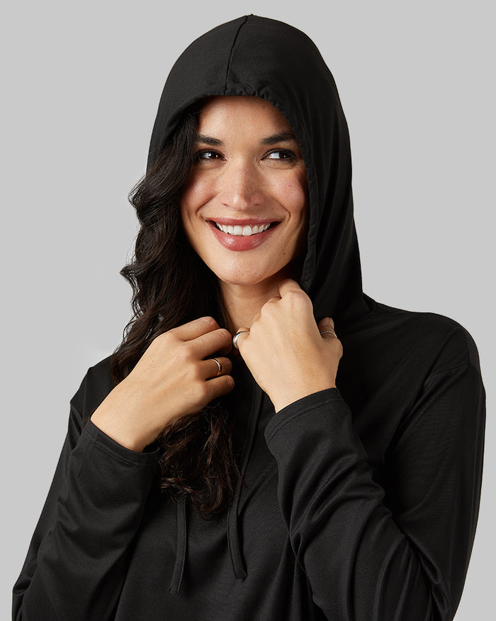 32 Degrees Black _ Women's Cool Long sleeve Hooded T-shirt {model: Scarlett is 5'10"and size 4, wearing size S}{bottom}{right} {bottom}{right}