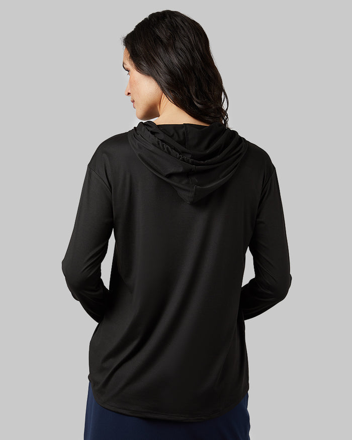32 Degrees Black _ Women's Cool Long sleeve Hooded T-shirt {model: Scarlett is 5'10"and size 4, wearing size S}{bottom}{right} {bottom}{right}