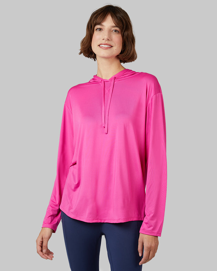 32 Degrees Raspberry Rose _ Women's Cool Long sleeve Hooded T-shirt {model: Kathie is 5'9"and size 4 wearing size S}{bottom}{right} {bottom}{right}