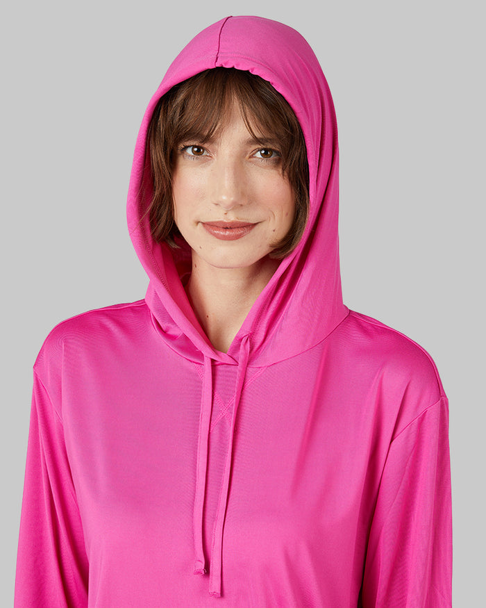 32 Degrees Raspberry Rose _ Women's Cool Long sleeve Hooded T-shirt {model: Kathie is 5'9"and size 4 wearing size S}{bottom}{right} {bottom}{right}