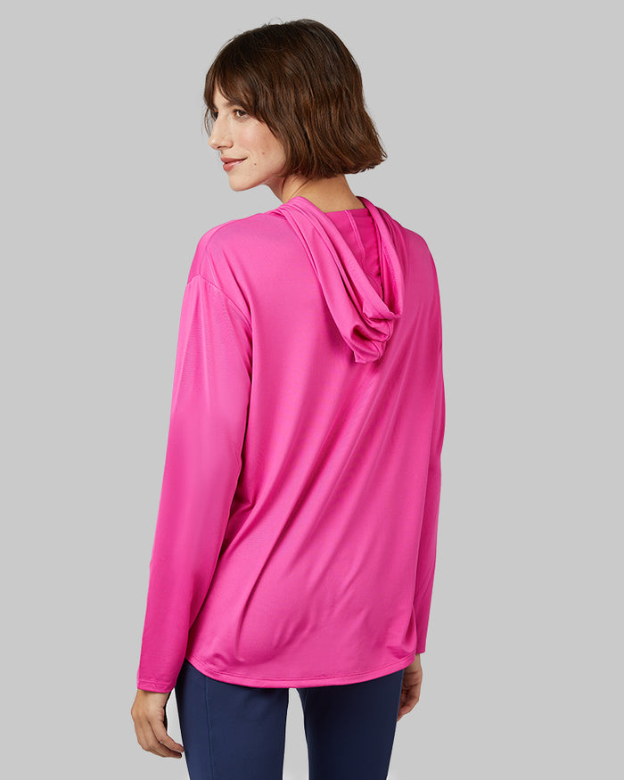 32 Degrees Raspberry Rose _ Women's Cool Long sleeve Hooded T-shirt {model: Kathie is 5'9"and size 4 wearing size S}{bottom}{right} {bottom}{right}