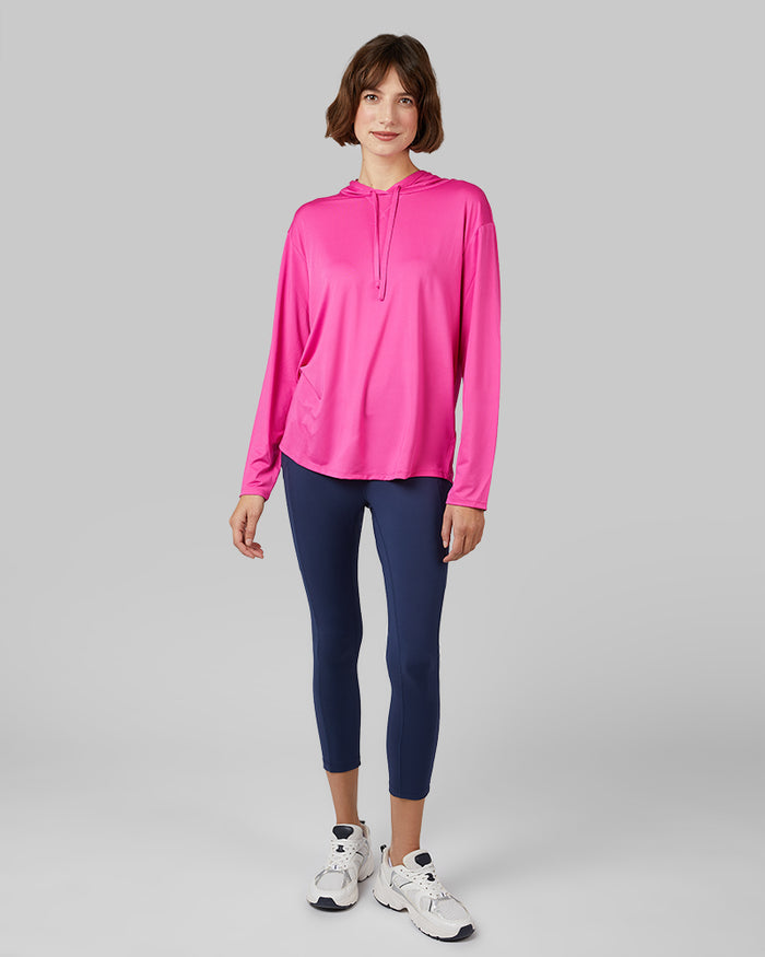 32 Degrees Raspberry Rose _ Women's Cool Long sleeve Hooded T-shirt {model: Kathie is 5'9"and size 4 wearing size S}{bottom}{right} {bottom}{right}