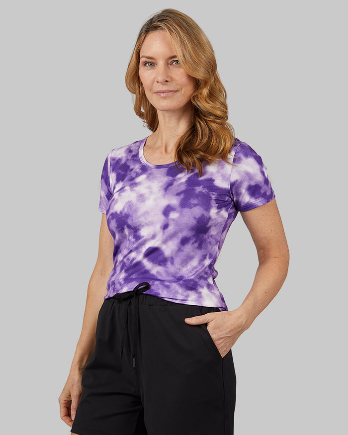 32 Degrees Tillandsia Purple Tie Dye _ Women's Cool Printed Fitted T-shirt {model: Julie is 5'9"and size 4 wearing size S}{bottom}{right} {bottom}{right}