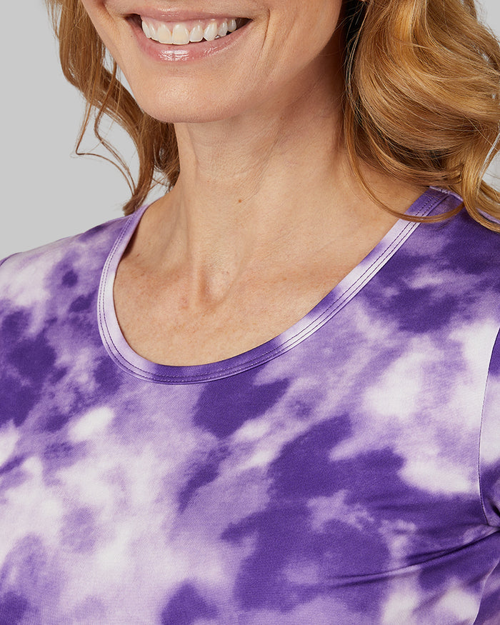 32 Degrees Tillandsia Purple Tie Dye _ Women's Cool Printed Fitted T-shirt {model: Julie is 5'9"and size 4 wearing size S}{bottom}{right} {bottom}{right}