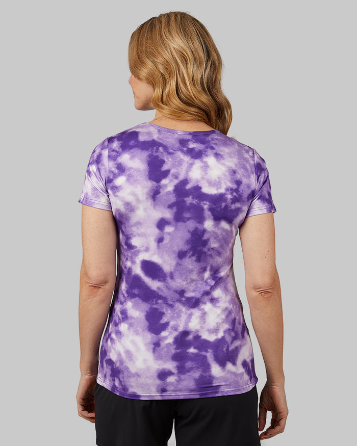 32 Degrees Tillandsia Purple Tie Dye _ Women's Cool Printed Fitted T-shirt {model: Julie is 5'9"and size 4 wearing size S}{bottom}{right} {bottom}{right}
